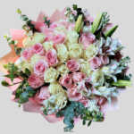 You Are Mine Bouquet with pink and white roses, lilies, and eucalyptus