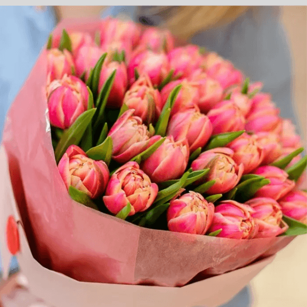 Vibrant Dancing Salsa Tulips bouquet in red and orange shades, hand-wrapped for delivery in Dubai by Goshen Flowers