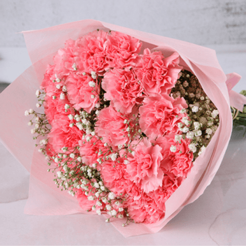 A delightful bouquet of pink carnation delight and baby’s breath, wrapped in pink, available for delivery in Dubai.