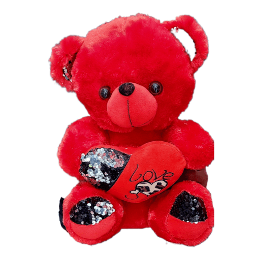 Adorable red Valentine teddy bear with heart, ideal romantic gift for Dubai anniversaries and Valentine’s Day.