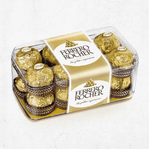 16-piece Ferrero Rocher chocolates with fresh flowers for Dubai gift delivery.