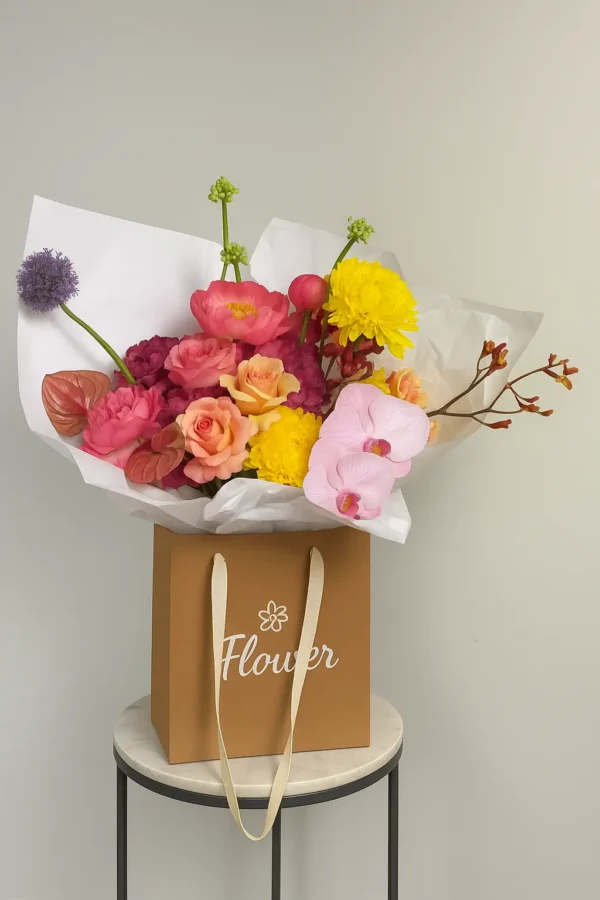 Sunset Mirage is a luxury mixed flower bouquet with orchids, roses, ranunculus, and chrysanthemums in a kraft bag, available for flower delivery in Dubai, UAE