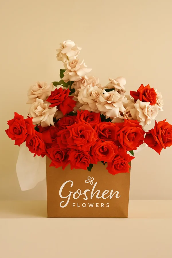 scarlet whisper is a luxury red and blush rose box bouquet by Goshen Flowers for romantic flower delivery in Dubai, UAE