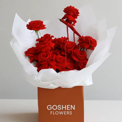 Crimson Crush a luxury red rose bouquet in a box for same-day flower delivery in Dubai, UAE