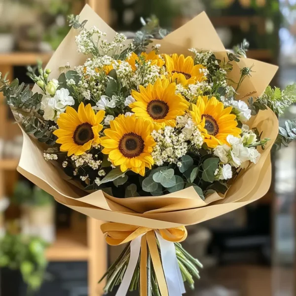 Handheld sunflower bouquet wrapped in brown paper, ready for same-day delivery in Dubai