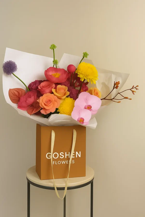 Sunset Mirage is a luxury mixed flower bouquet with orchids, roses, ranunculus, and chrysanthemums in a kraft bag, available for flower delivery in Dubai, UAE